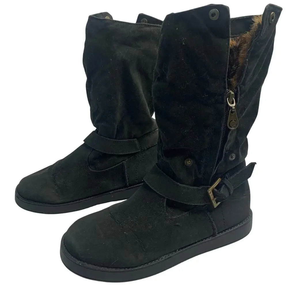 Guess Womens Sz 5.5 Mid Calf Biker Casual Faux Cheetah Fur Lines Boots Zip Up